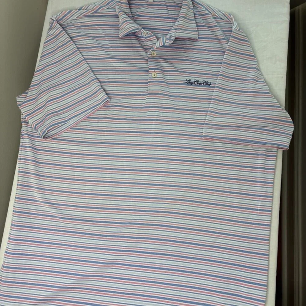 Peter Millar Summer Comfort Blue and Pink Stripe Short Sleeve Polo size Large